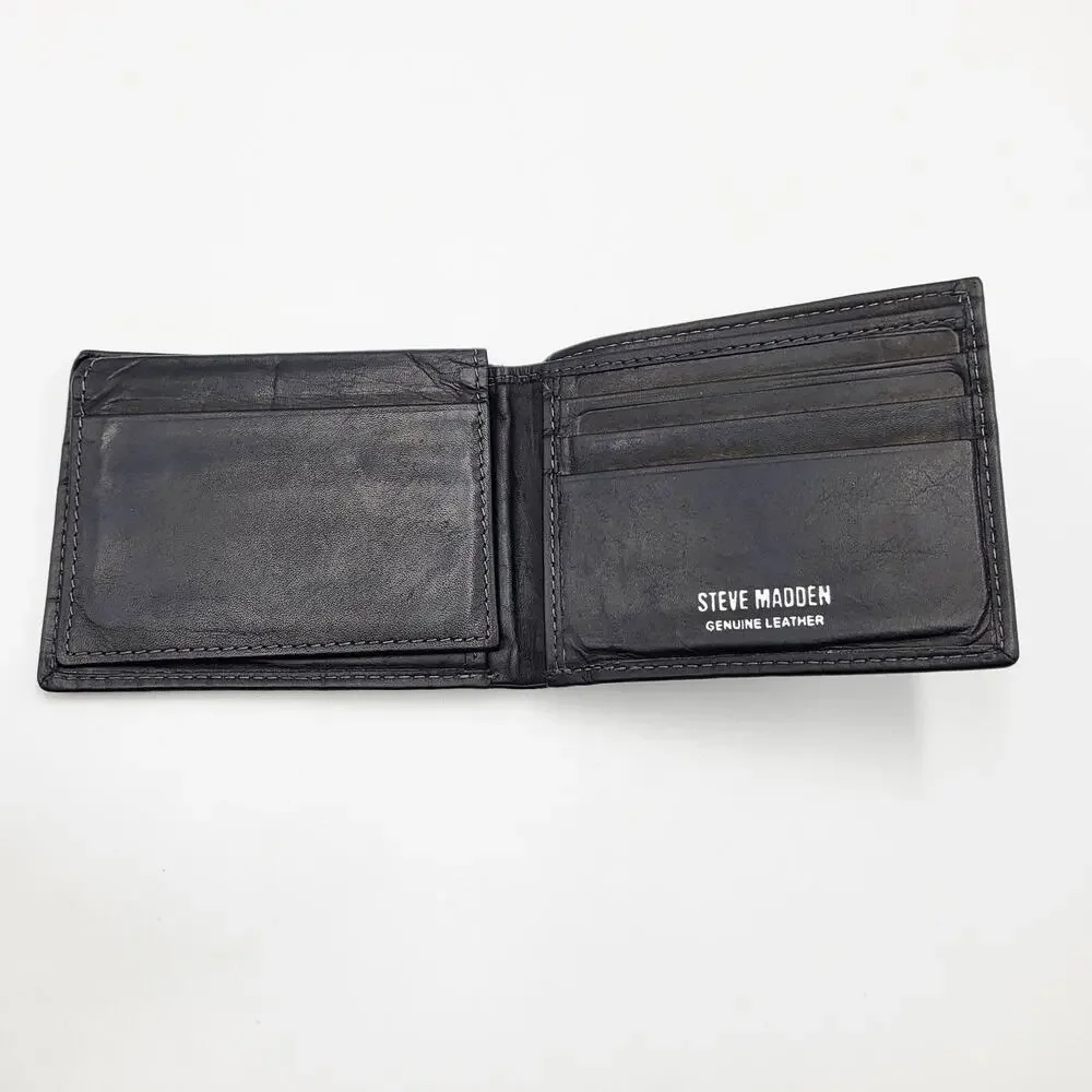 Steve Madden Black Genuine Leather Classic Bifold Men's Wallet Stitched Detail